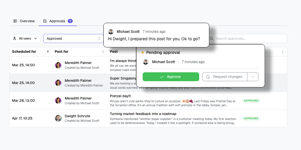 Heyoo approvals overview of posts marketing scheduled for employees, with Approve and Request changes on a pending post