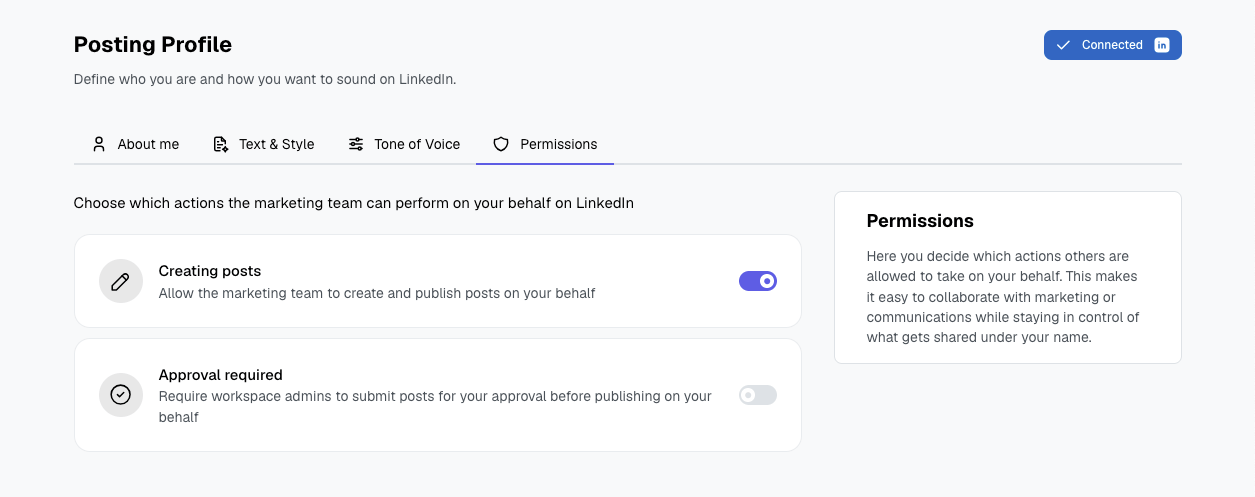 Heyoo Posting Profile permissions tab with toggles for letting marketing create posts and requiring approval before publishing