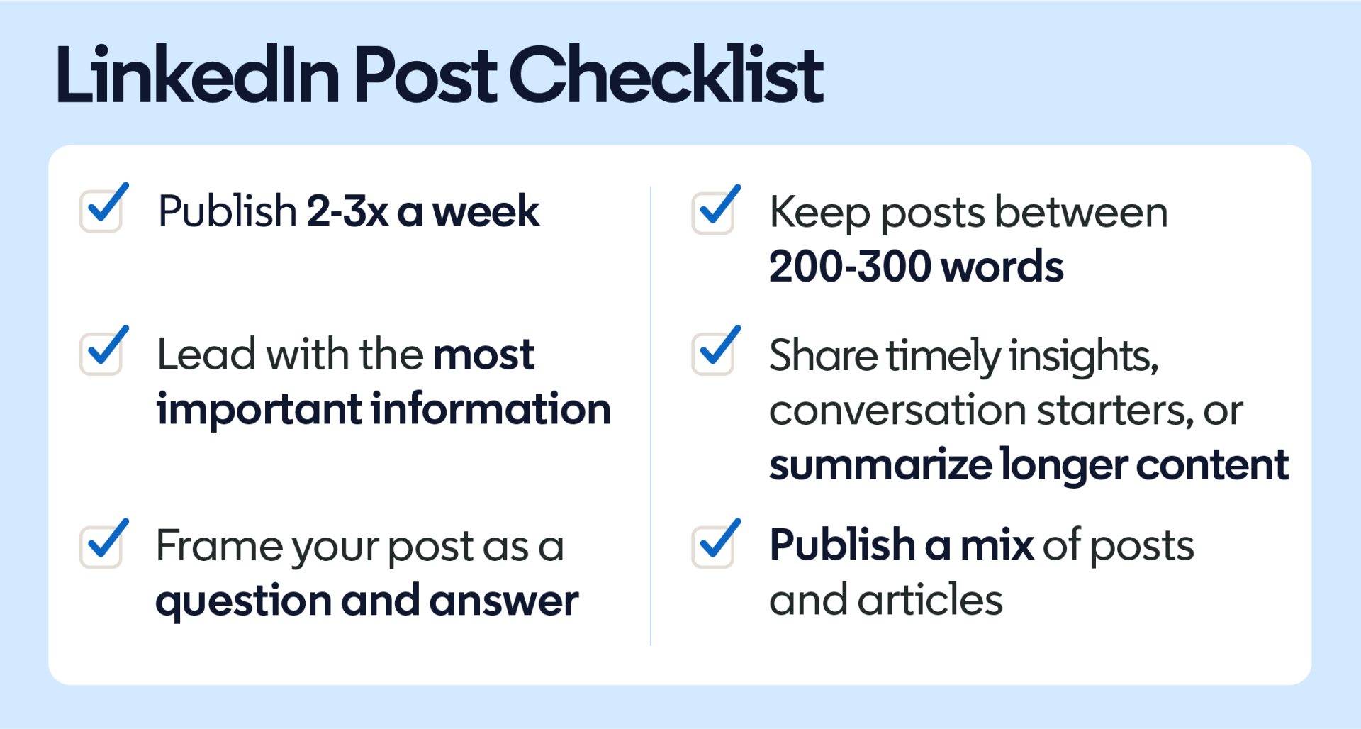 LinkedIn graphic titled LinkedIn Post Checklist: publish two to three times a week, lead with the most important information, frame your post as a question and answer, keep posts between 200 and 300 words, share timely insights, conversation starters or summaries of longer content, and publish a mix of posts and articles
