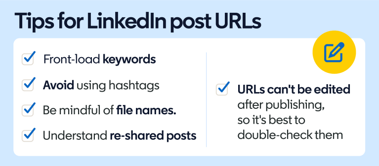 LinkedIn graphic titled Tips for LinkedIn post URLs: front-load keywords, avoid using hashtags, be mindful of file names, understand reshared posts, and double-check URLs because they cannot be edited after publishing