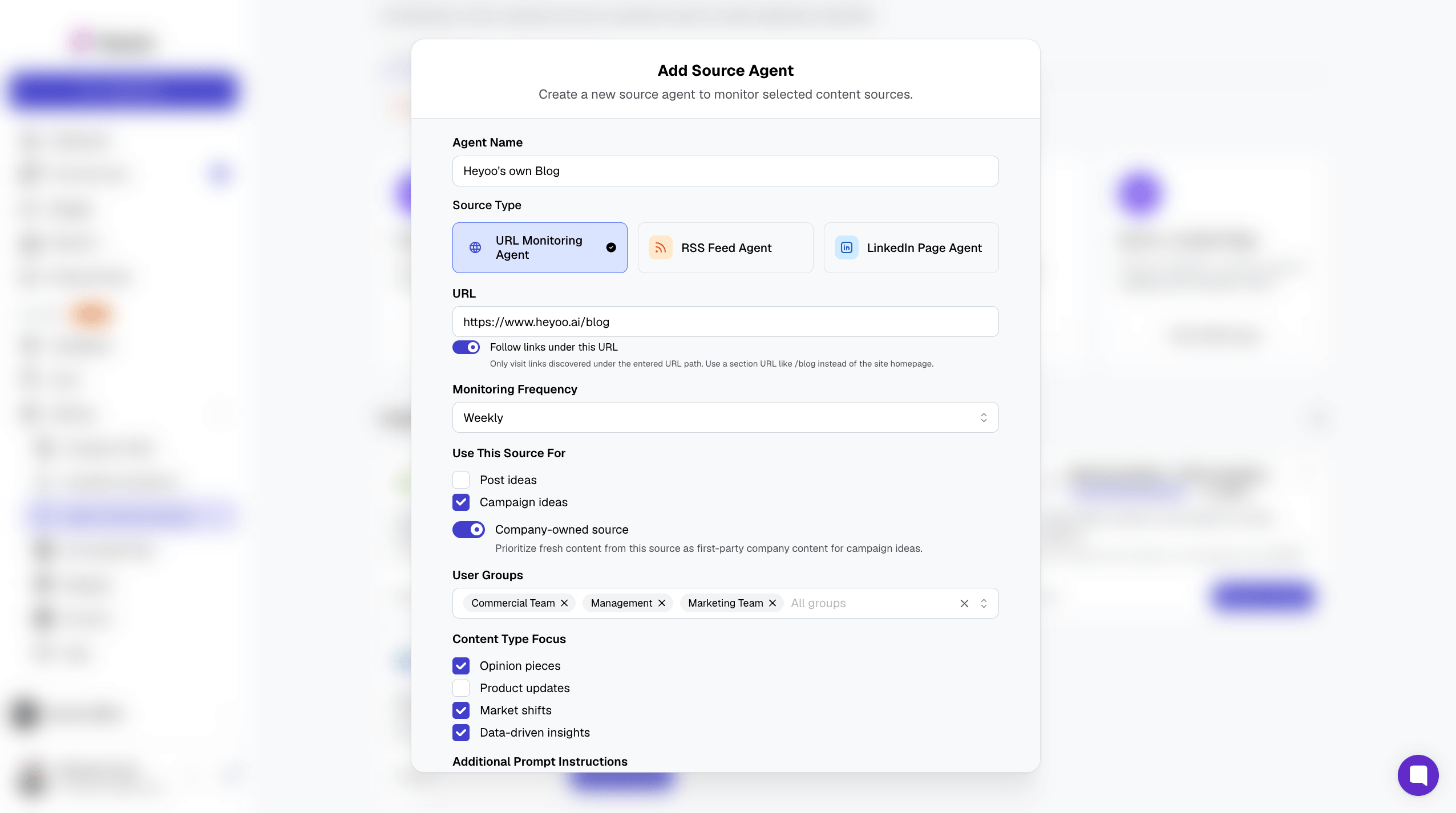 Heyoo Add Source Agent screen with fields for source type, monitoring frequency, whether to use the source for post or campaign ideas, user groups and content type focus
