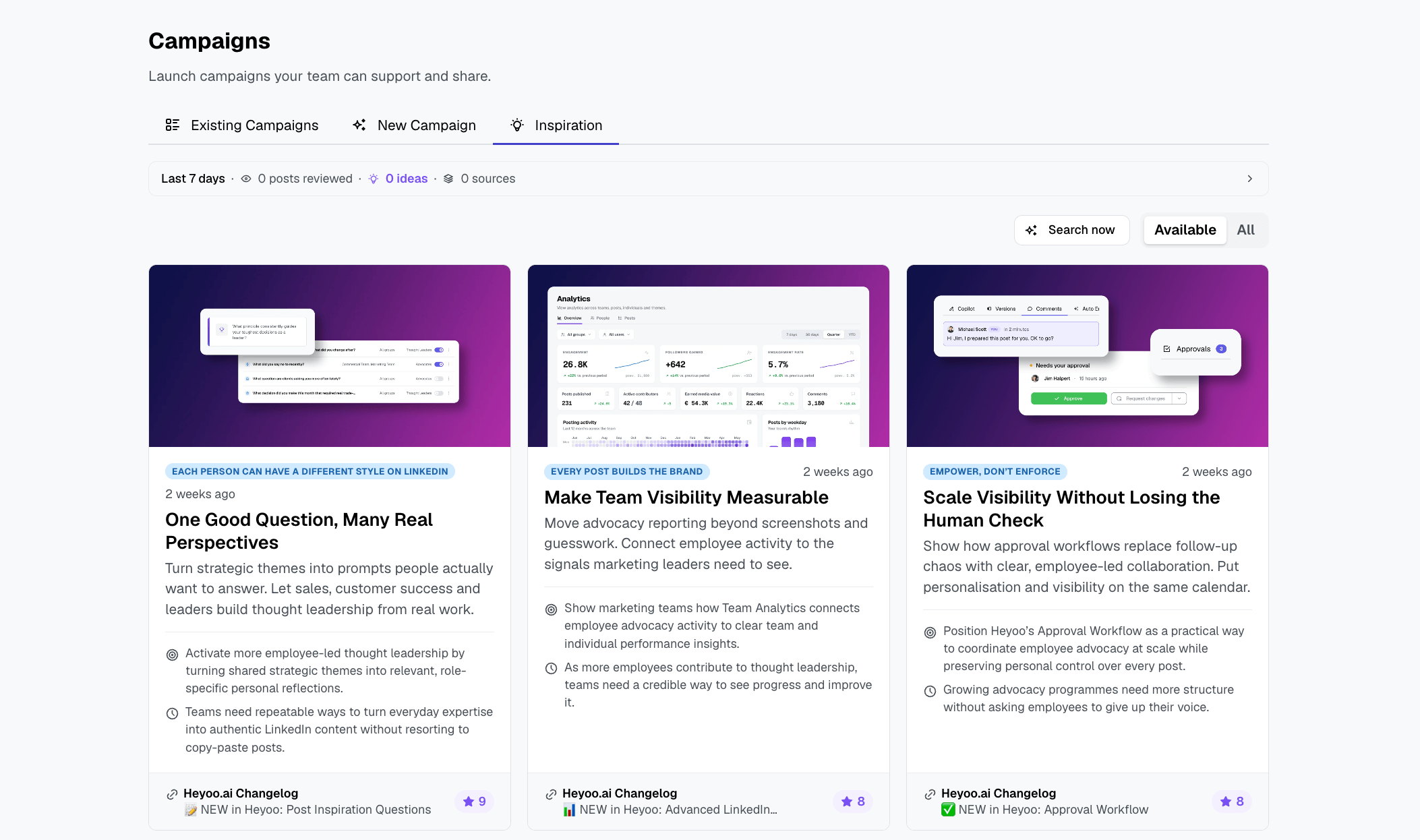 Heyoo Campaigns Inspiration tab showing campaign briefs suggested by the Content Agent, each with a title, summary and the source it came from