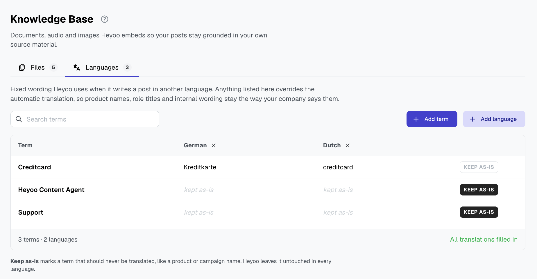 Heyoo Knowledge Base Languages tab with a table of company terms and their German and Dutch translations, where product names such as Heyoo Content Agent are marked Keep as-is