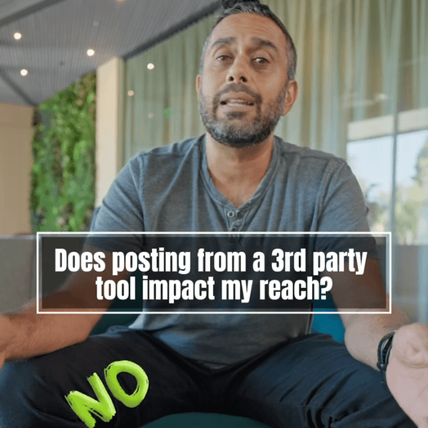 Still from Rishi Jobanputra’s LinkedIn video, captioned "Does posting from a 3rd party tool impact my reach?" with "NO" written beside him